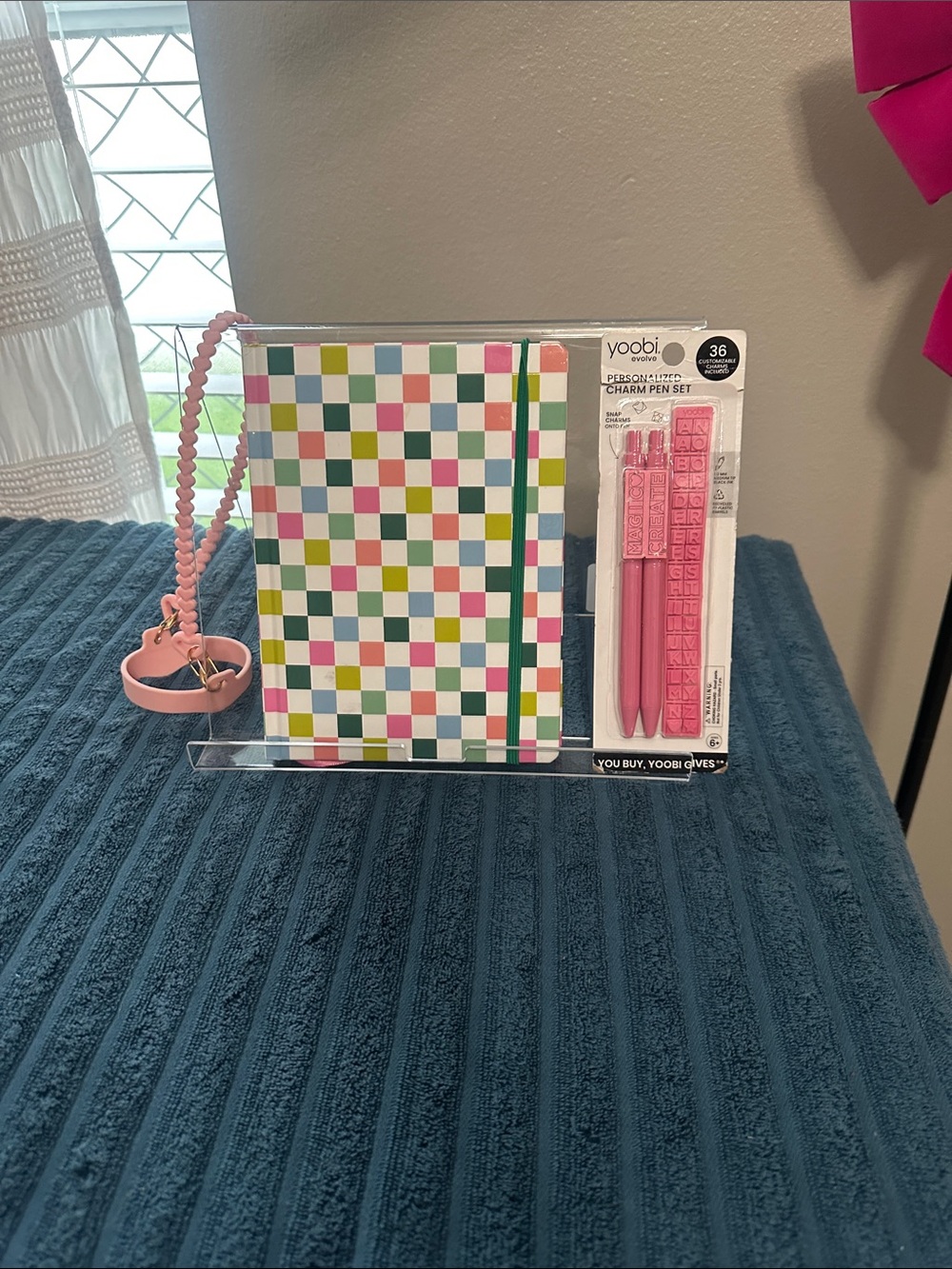 Yoobi Pink Personalized Charm Pen Set , hardcover notebook and drink carrier. NW